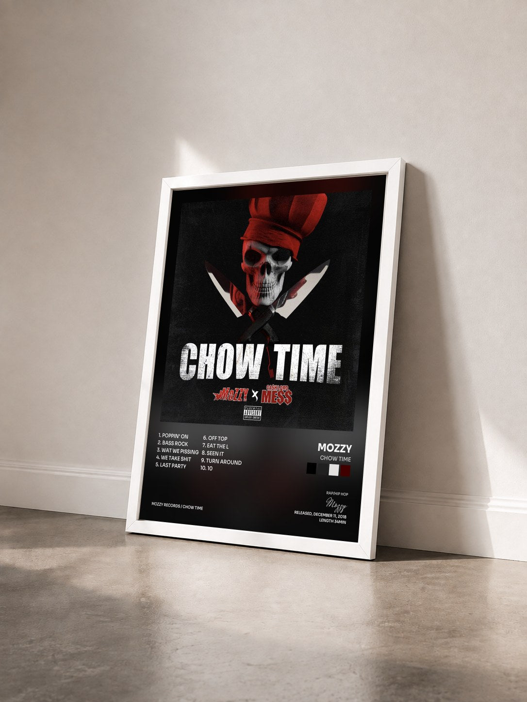 #blanc Tableau de l'album Chow Time de Mozzy vu de trois quarts, cadre blanc
