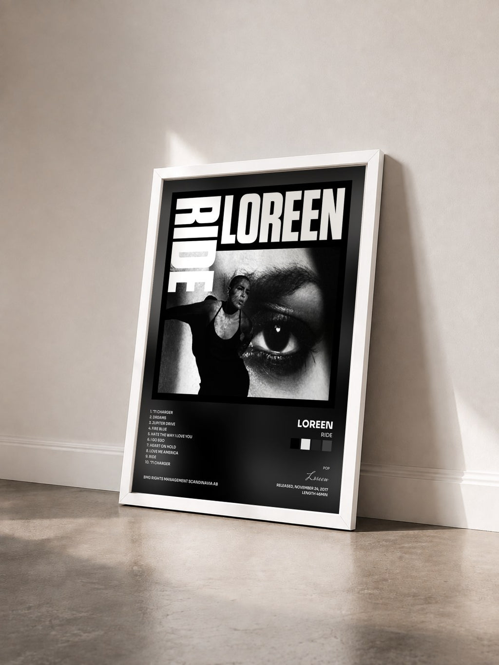 #blanc Ride by Loreen as a framed art print seen at an angle, white frame