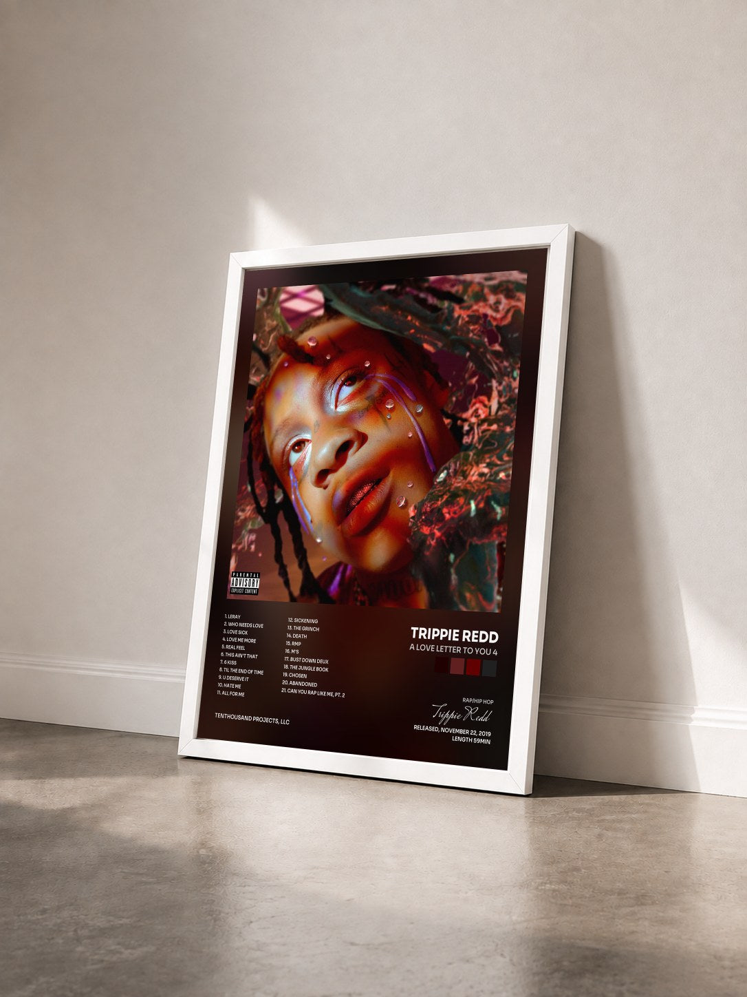 #blanc Tableau de l'album A Love Letter To You 4 de Trippie Redd vu de trois quarts, cadre blanc