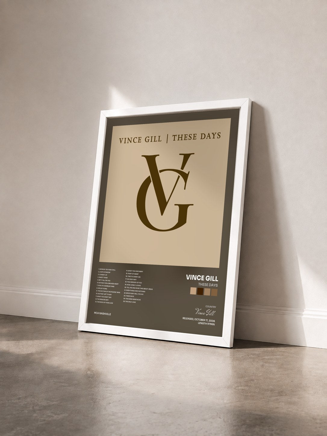 #blanc Tableau de l'album These Days de Vince Gill vu de trois quarts, cadre blanc
