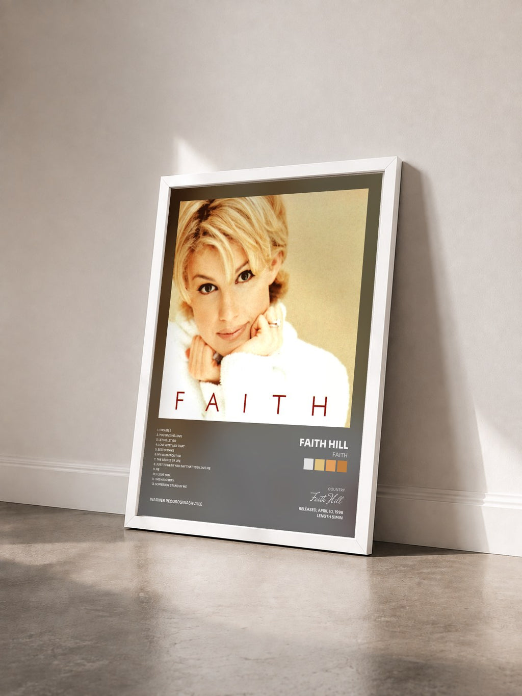 #blanc Faith by Faith Hill as a framed art print seen at an angle, white frame