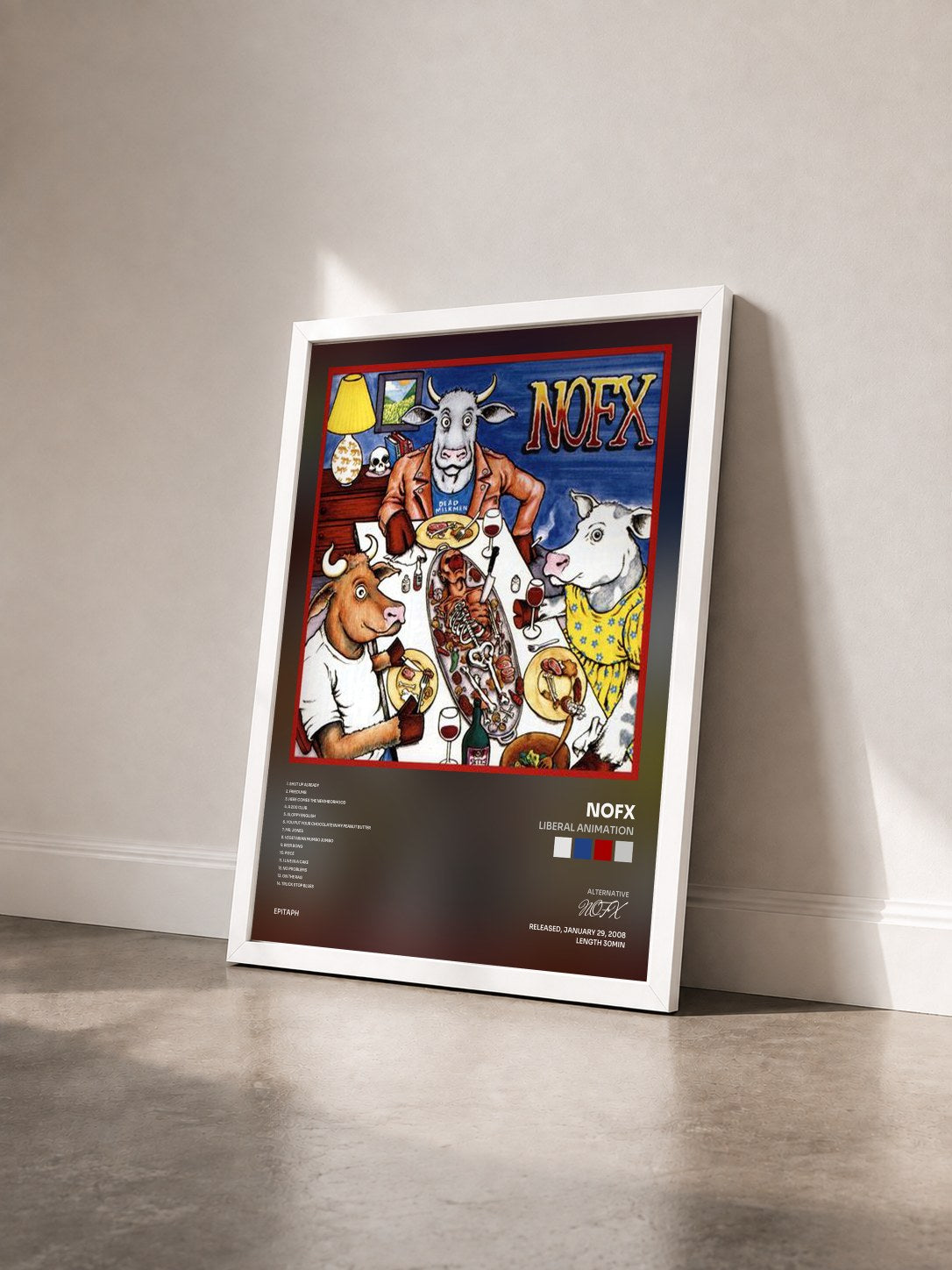 #blanc Tableau de l'album Liberal Animation de NOFX vu de trois quarts, cadre blanc