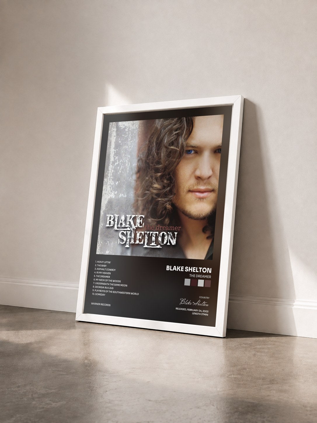 #blanc Tableau de l'album The Dreamer de Blake Shelton vu de trois quarts, cadre blanc