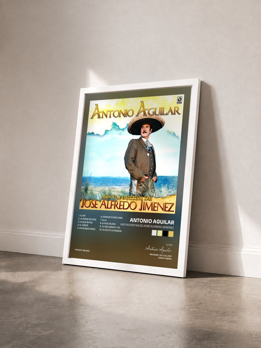#blanc Tableau de l'album Mis Favoritas de José Alfredo Jimenez de Antonio Aguilar vu de trois quarts, cadre blanc