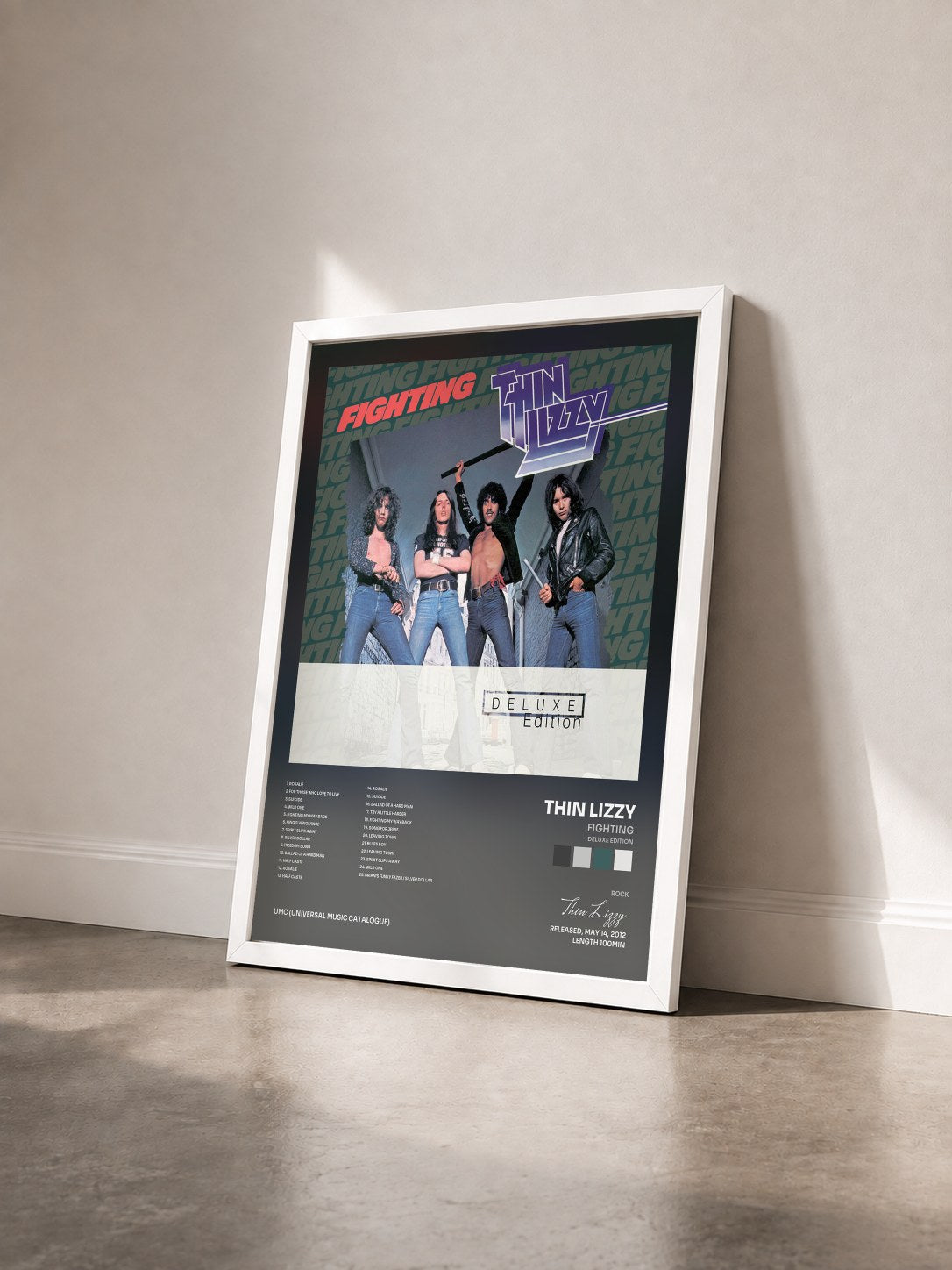 #blanc Tableau de l'album Fighting (Deluxe Edition) de Thin Lizzy vu de trois quarts, cadre blanc