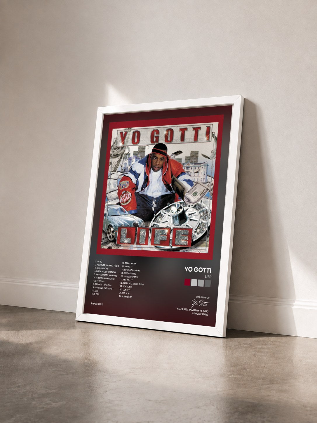 #blanc Tableau de l'album Life de Yo Gotti vu de trois quarts, cadre blanc
