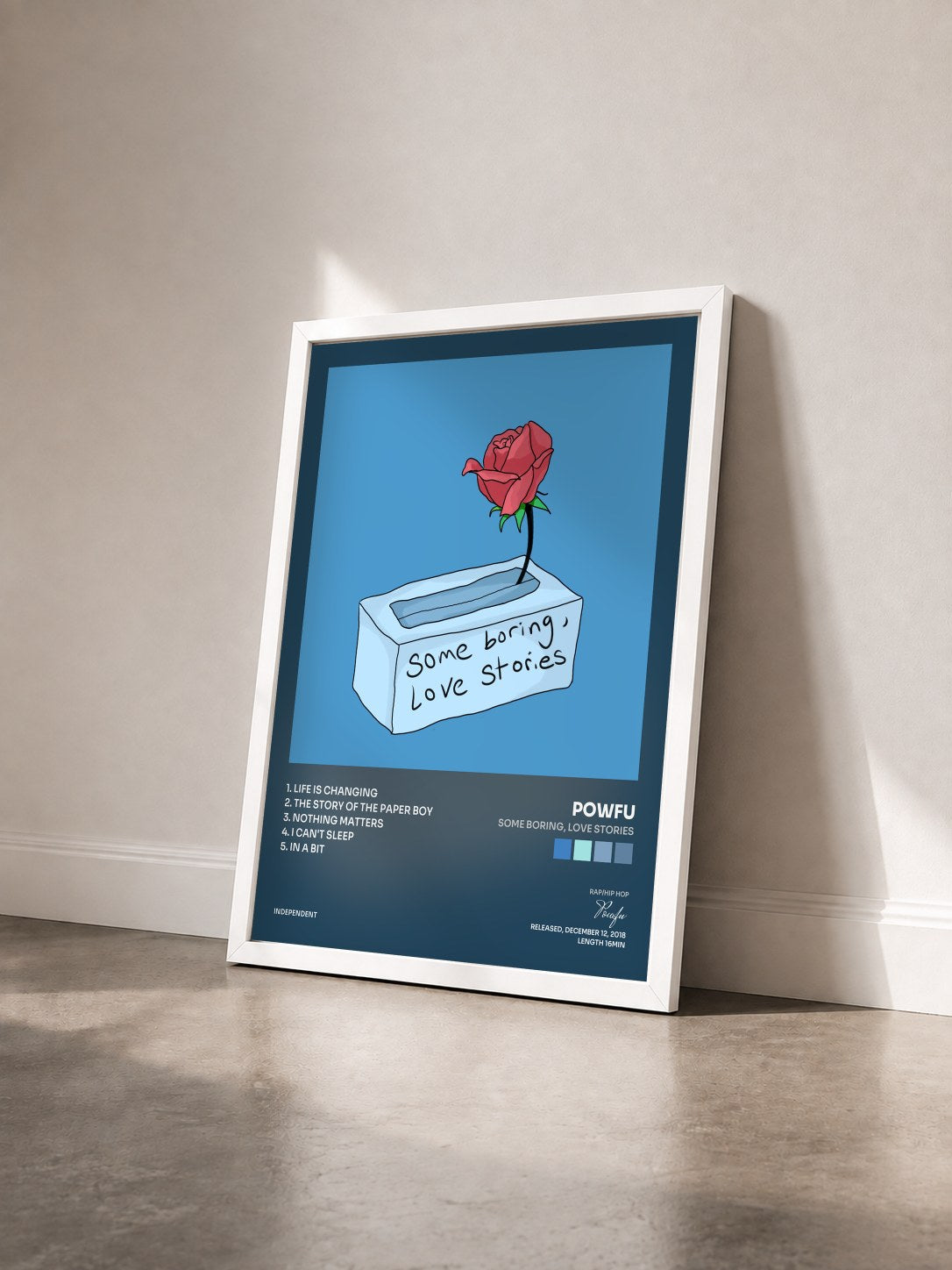 #blanc Tableau de l'album Some Boring, Love Stories de Powfu vu de trois quarts, cadre blanc