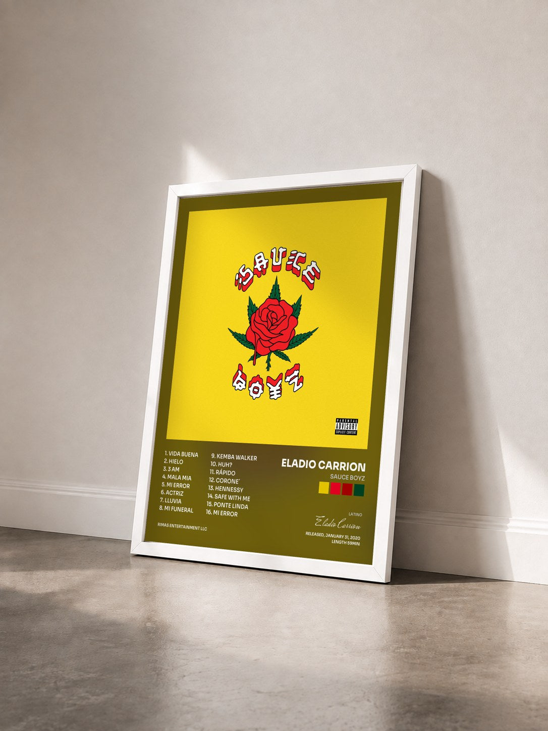 #blanc Tableau de l'album Sauce Boyz de Eladio Carrion vu de trois quarts, cadre blanc
