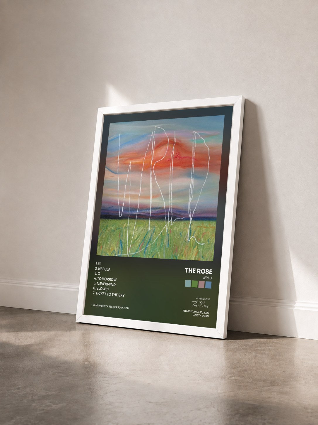 #blanc Tableau de l'album WRLD de The Rose vu de trois quarts, cadre blanc