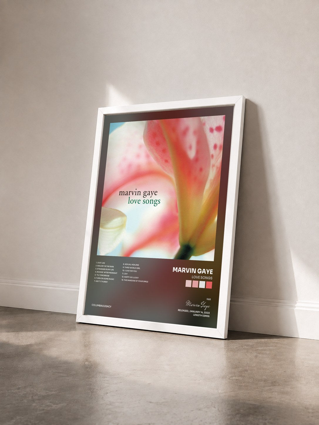 #blanc Tableau de l'album Love Songs de Marvin Gaye vu de trois quarts, cadre blanc