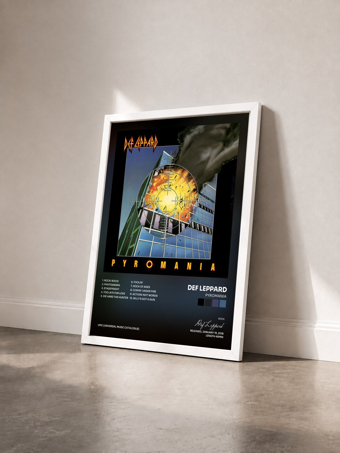 #blanc Tableau de l'album Pyromania de Def Leppard vu de trois quarts, cadre blanc