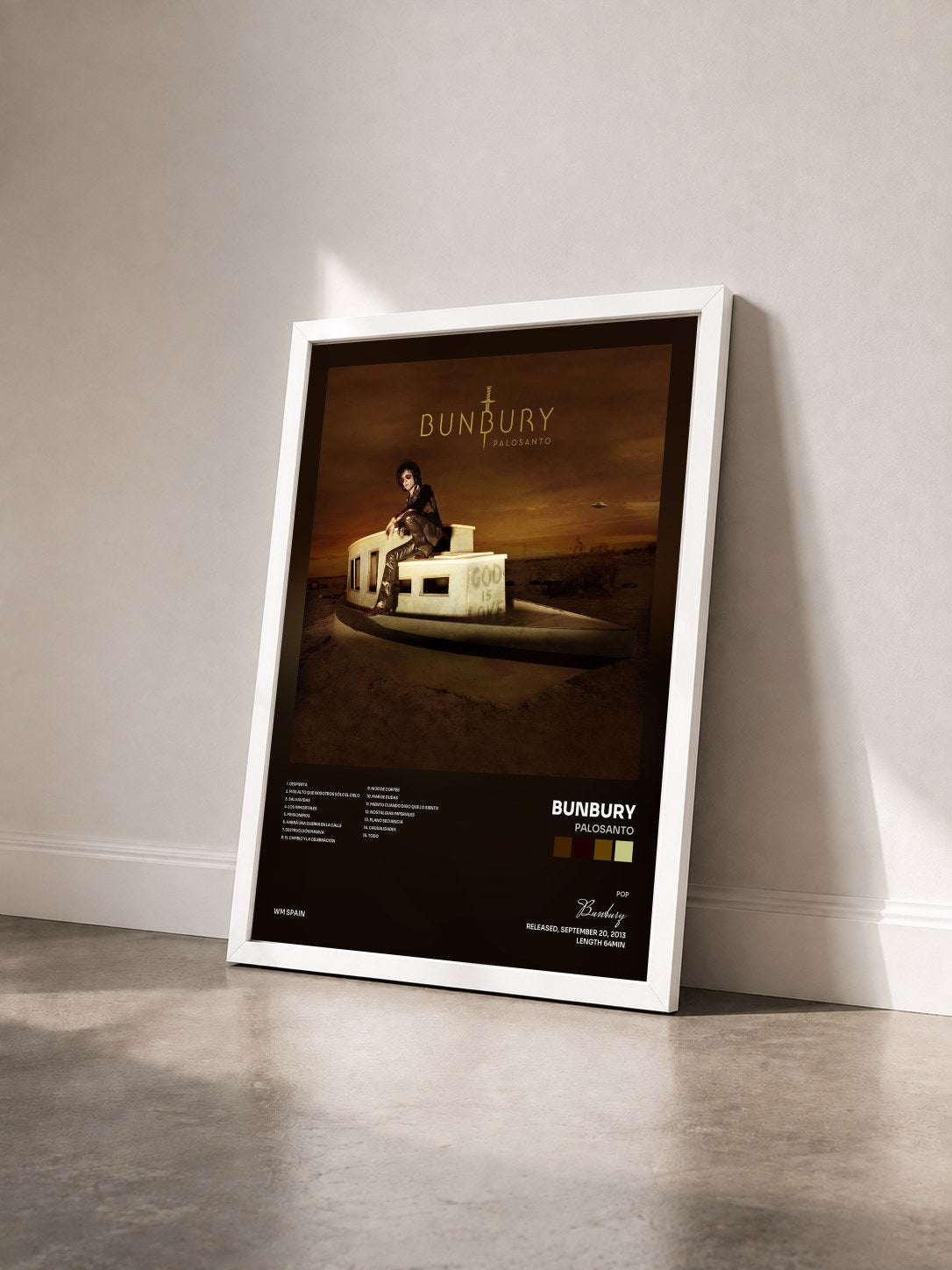 #blanc Tableau de l'album Palosanto de Bunbury vu de trois quarts, cadre blanc