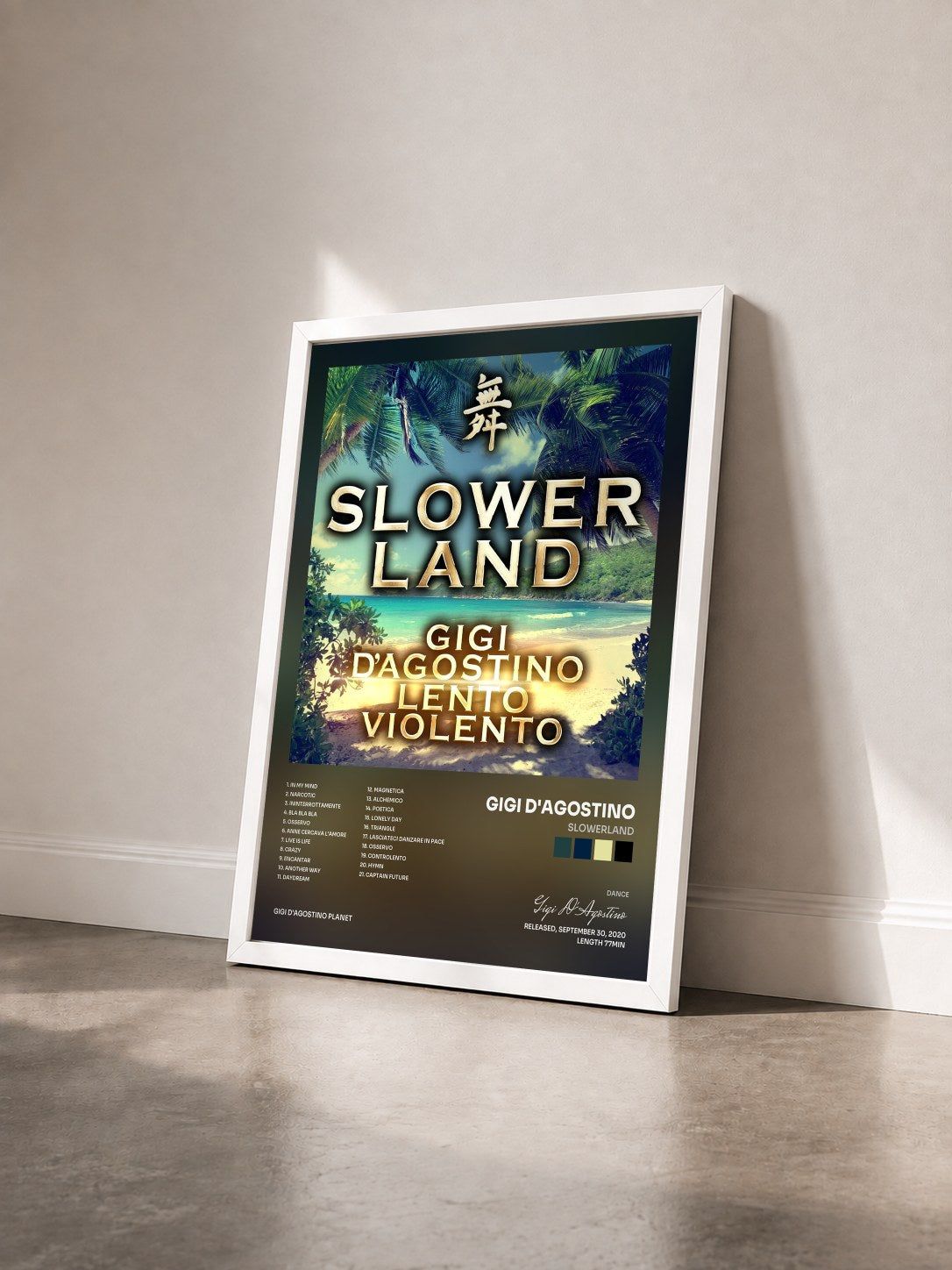 #blanc Tableau de l'album Slowerland de Gigi D'Agostino vu de trois quarts, cadre blanc