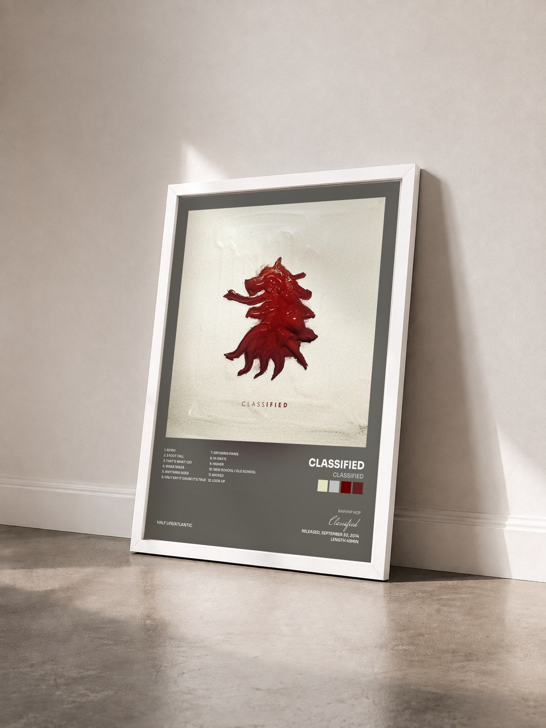 #blanc Tableau de l'album Classified de Classified vu de trois quarts, cadre blanc