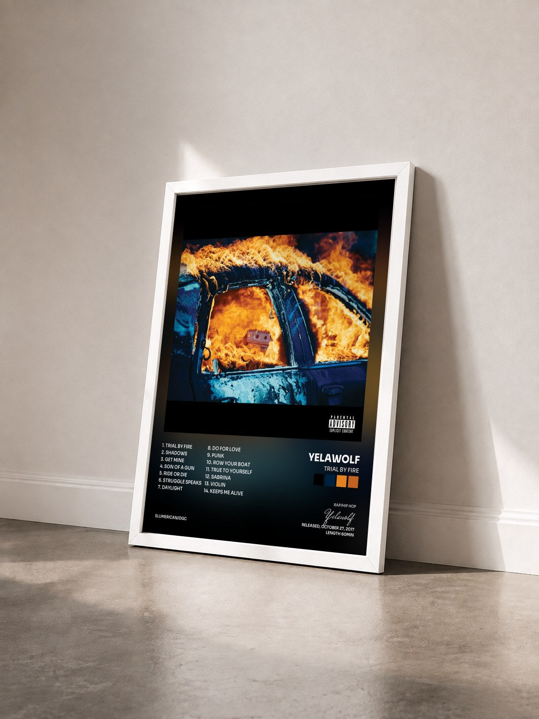 #blanc Tableau de l'album Trial By Fire de Yelawolf vu de trois quarts, cadre blanc