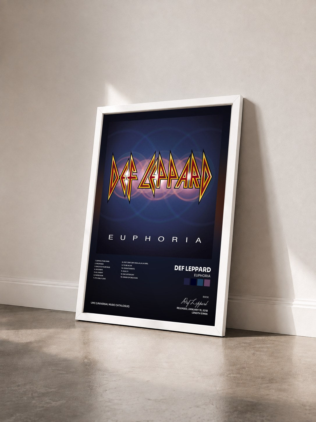 #blanc Tableau de l'album Euphoria de Def Leppard vu de trois quarts, cadre blanc