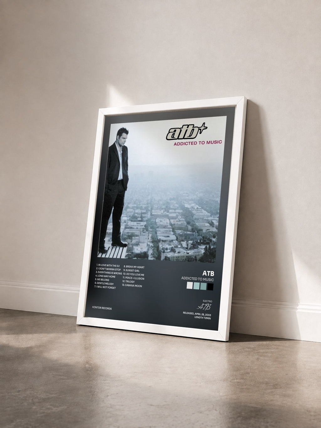 #blanc Tableau de l'album Addicted to Music de ATB vu de trois quarts, cadre blanc