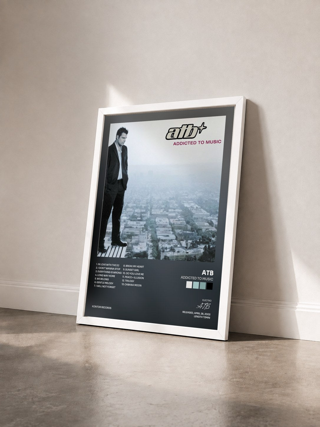 #blanc Tableau de l'album Addicted to Music de ATB vu de trois quarts, cadre blanc