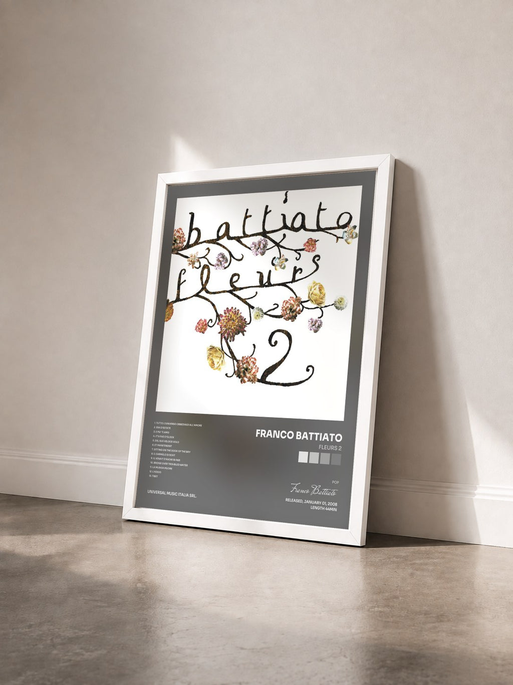 #blanc Tableau de l'album Fleurs 2 de Franco Battiato vu de trois quarts, cadre blanc