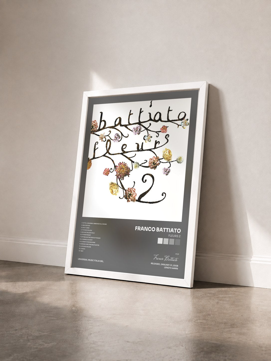 #blanc Tableau de l'album Fleurs 2 de Franco Battiato vu de trois quarts, cadre blanc