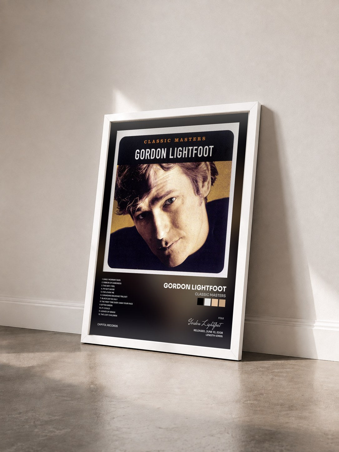 #blanc Tableau de l'album Classic Masters de Gordon Lightfoot vu de trois quarts, cadre blanc