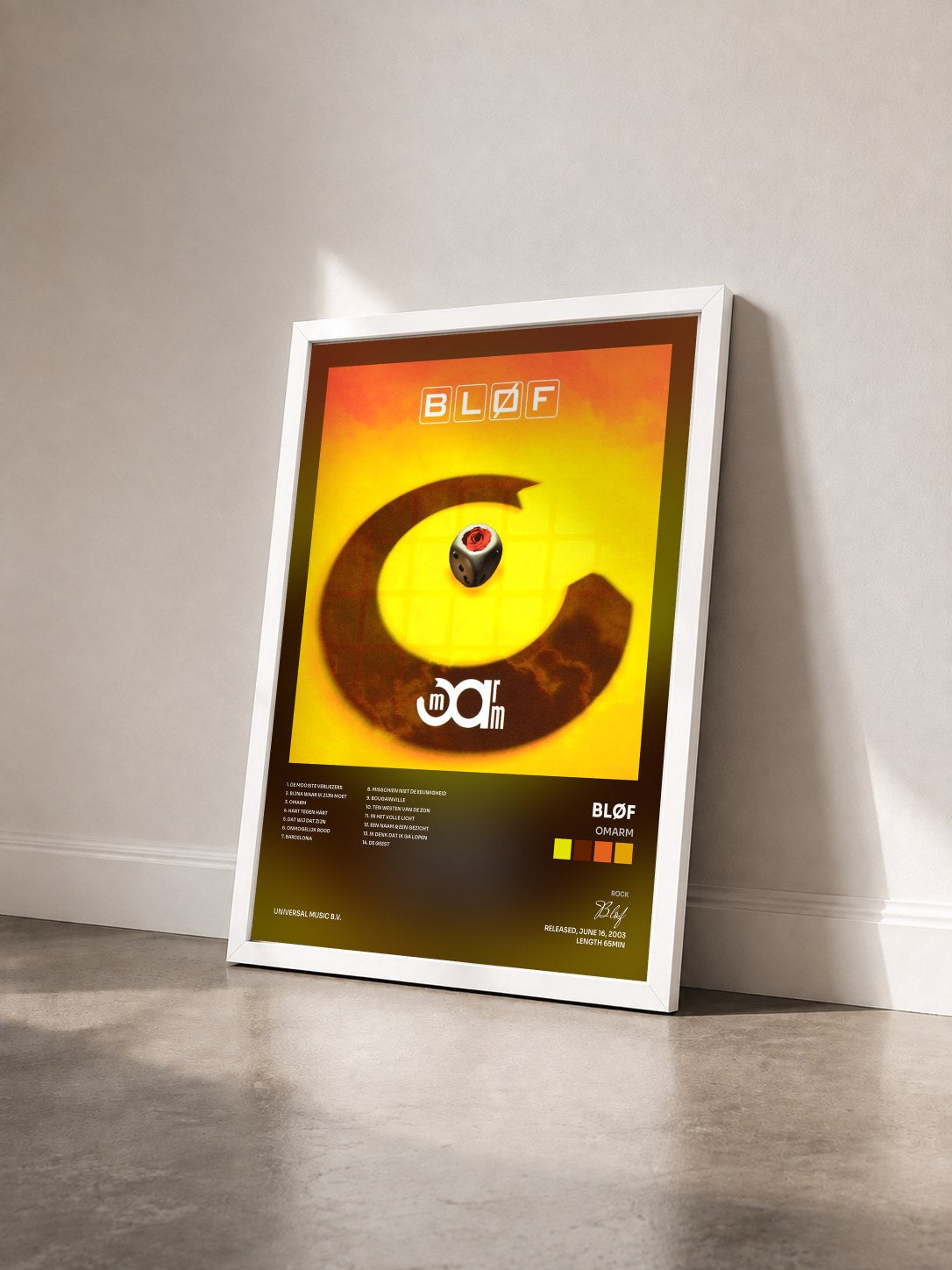 #blanc Tableau de l'album Omarm de Bløf vu de trois quarts, cadre blanc
