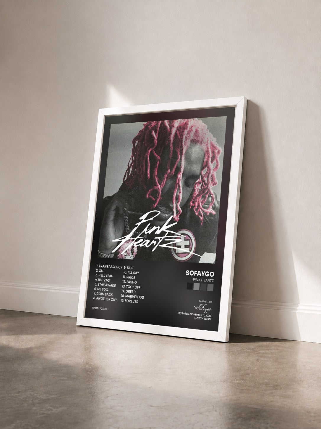 #blanc Tableau de l'album Pink Heartz de SoFaygo vu de trois quarts, cadre blanc
