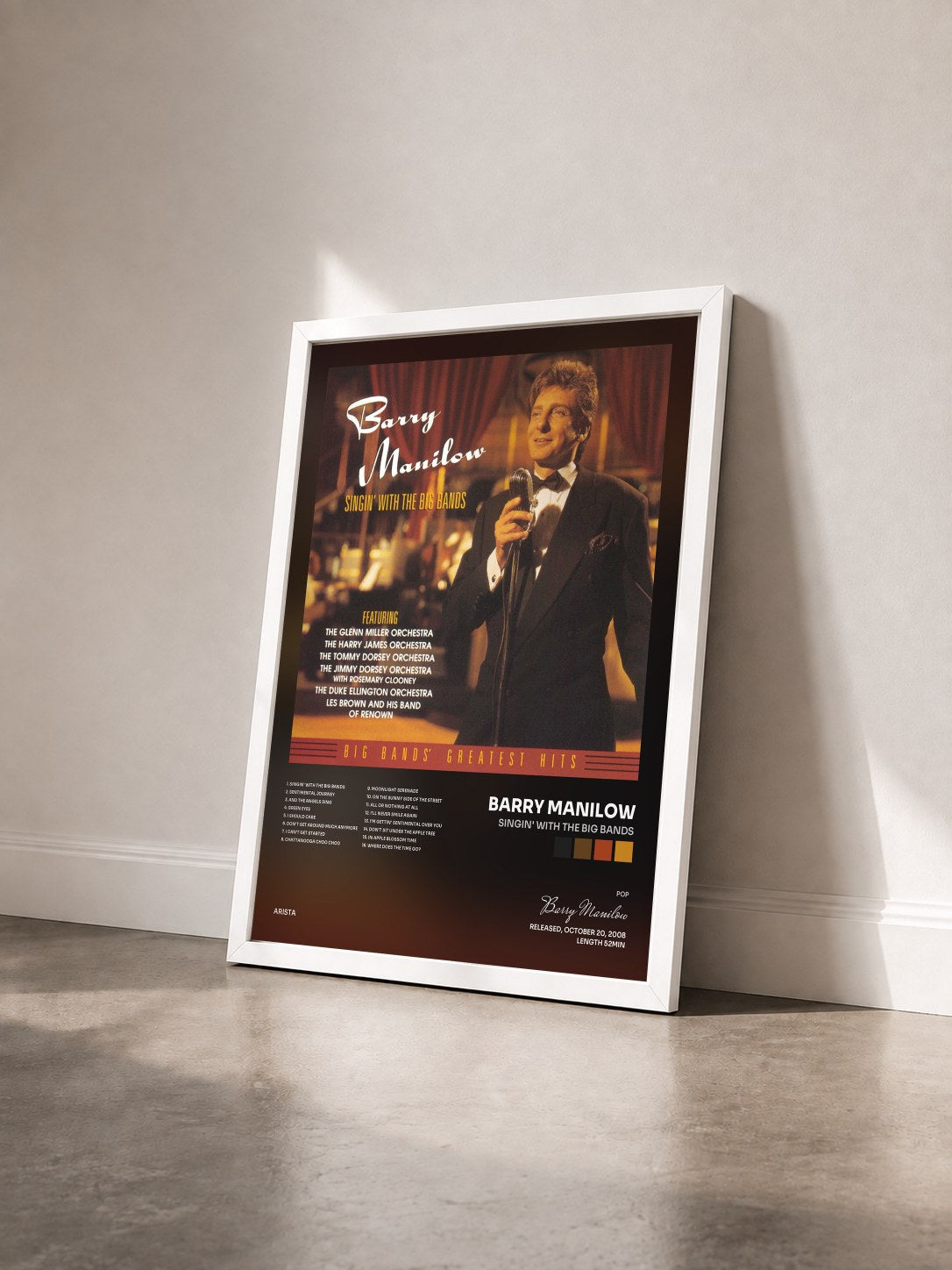 #blanc Tableau de l'album Singin' With The Big Bands de Barry Manilow vu de trois quarts, cadre blanc