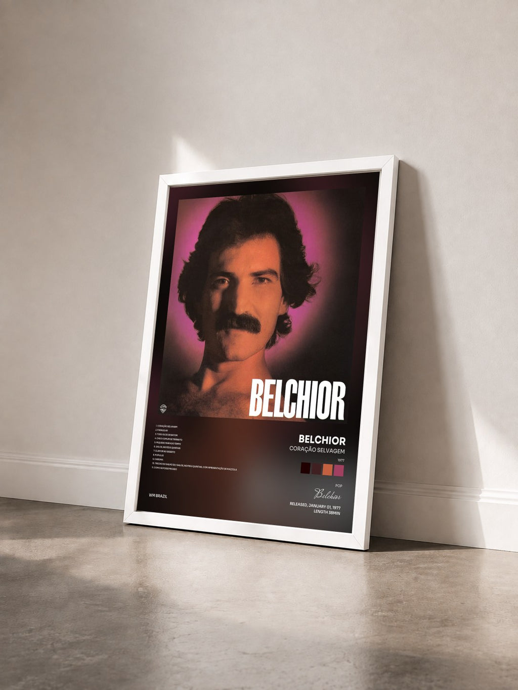 #blanc Tableau de l'album Coração selvagem (1977) de Belchior vu de trois quarts, cadre blanc