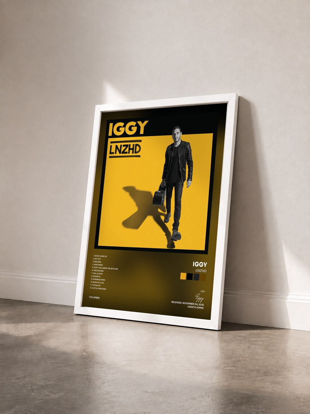 #blanc Tableau de l'album LNZHD de Iggy vu de trois quarts, cadre blanc