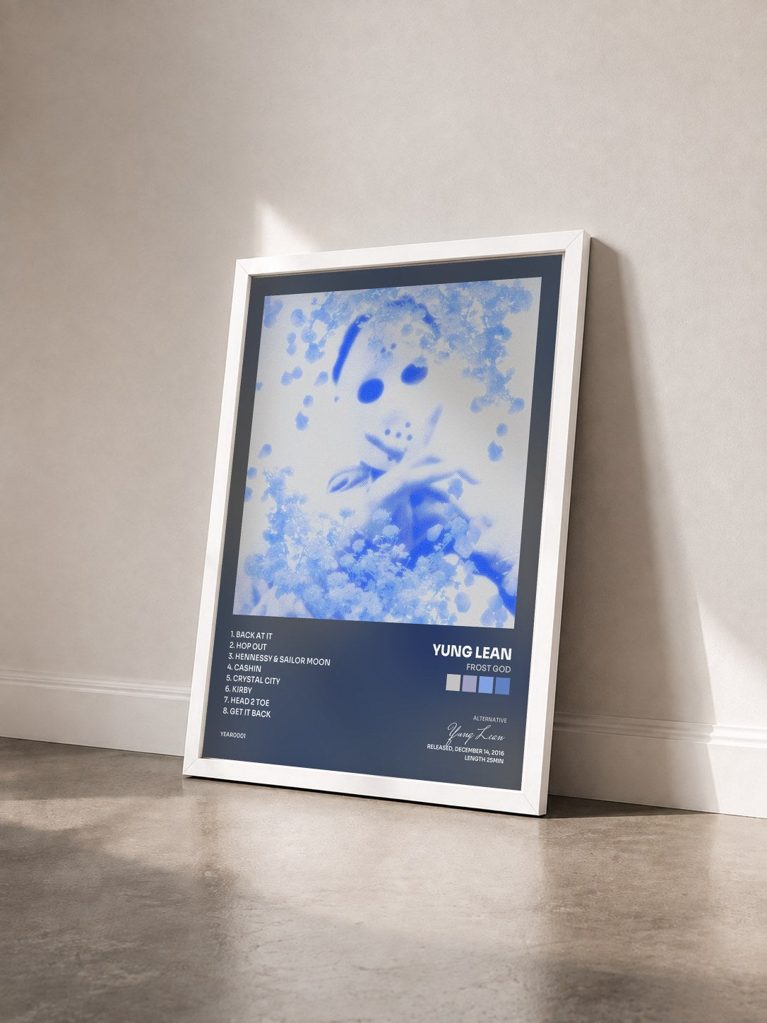 #blanc Tableau de l'album Frost God de Yung Lean vu de trois quarts, cadre blanc
