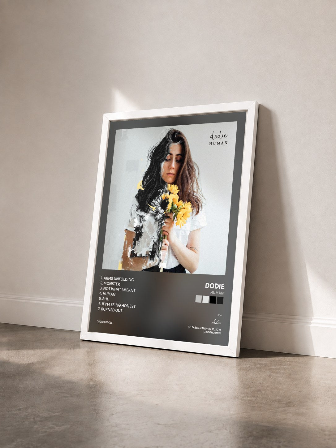 #blanc Tableau de l'album Human de dodie vu de trois quarts, cadre blanc