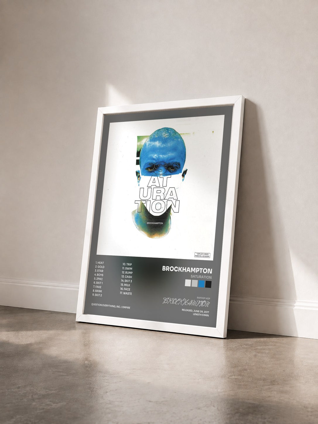 #blanc SATURATION by BROCKHAMPTON as a framed art print seen at an angle, white frame