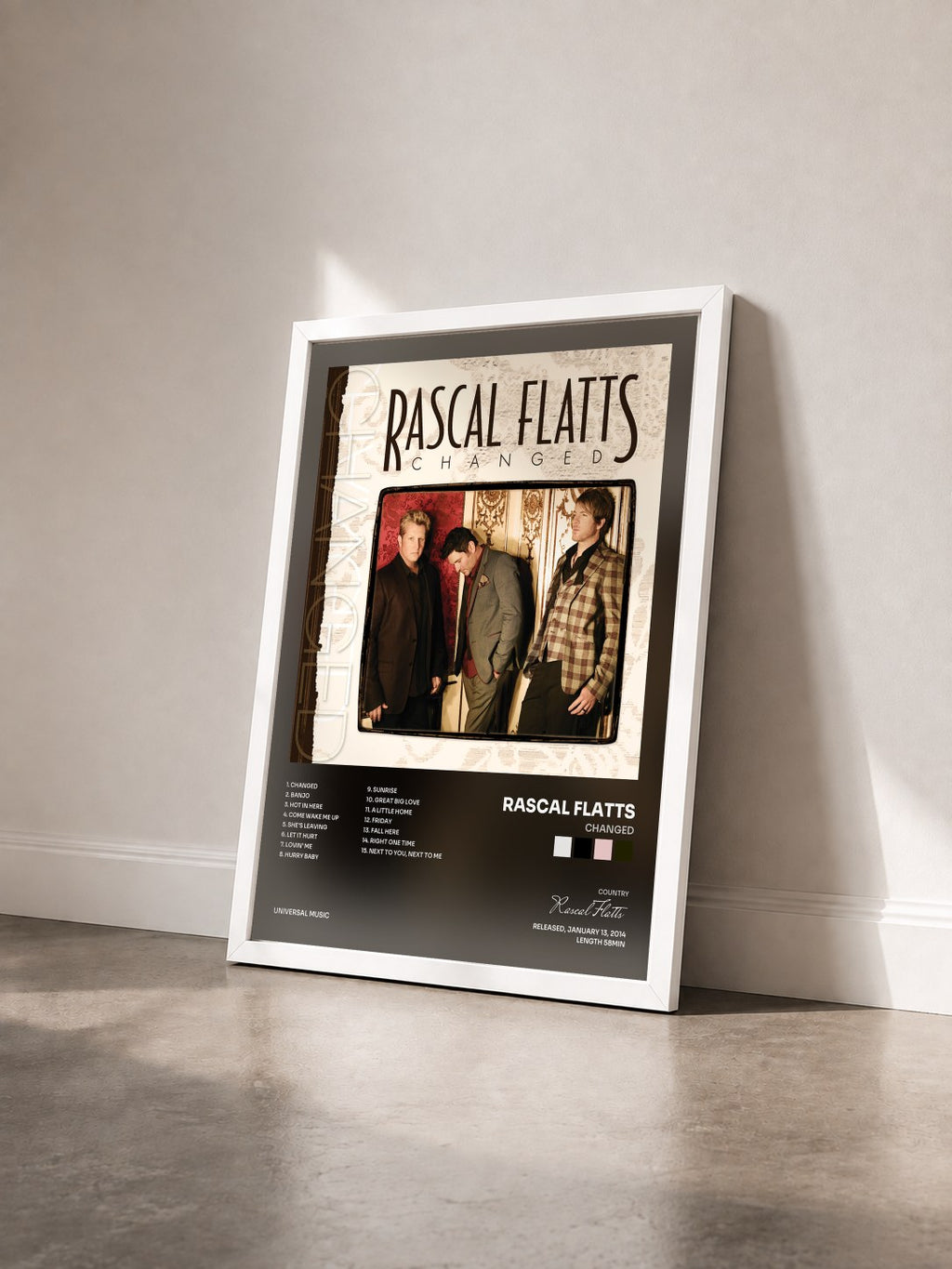 #blanc Changed von Rascal Flatts als gerahmter Kunstdruck von schräg gesehen, weißer Rahmen