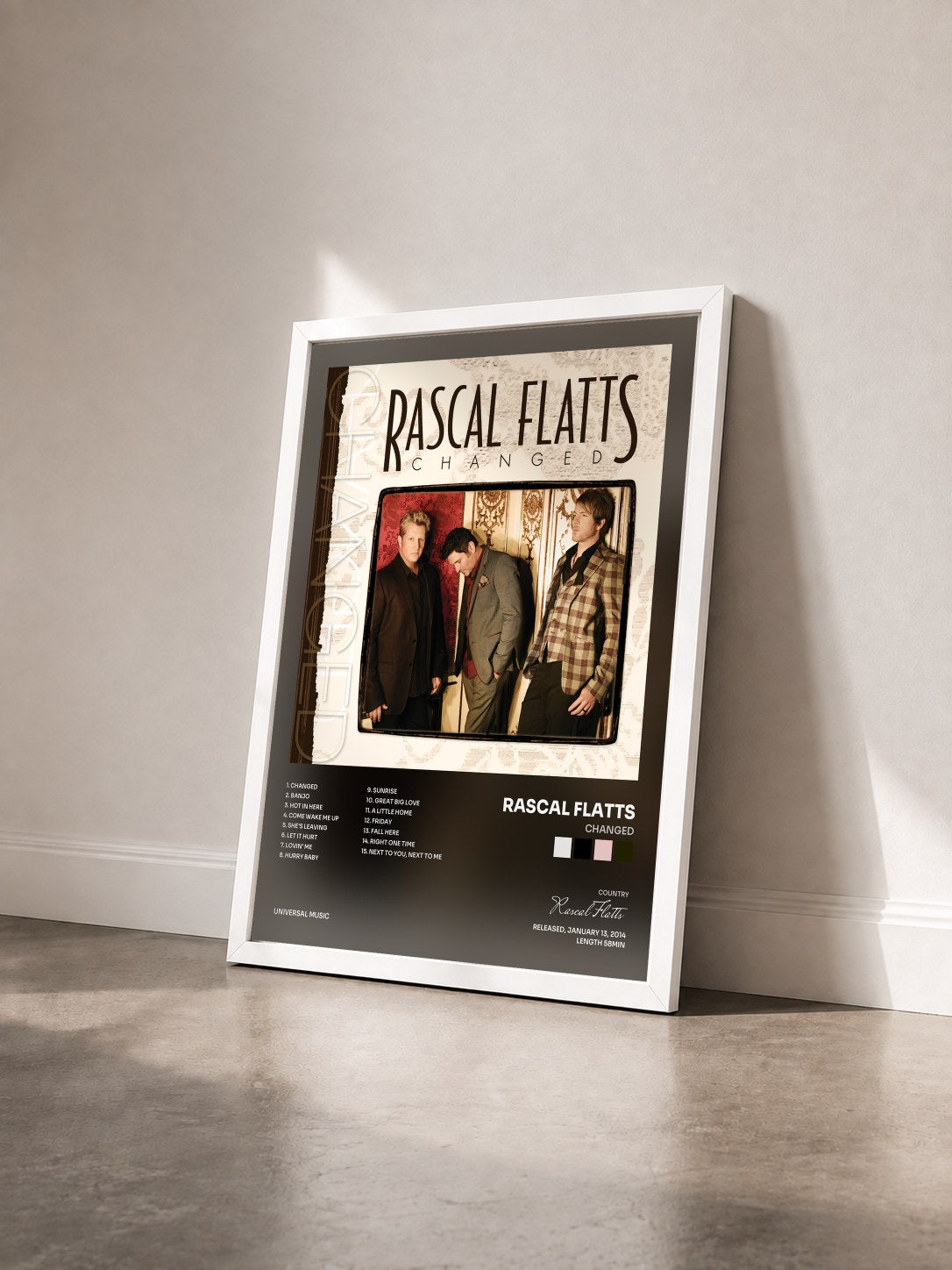 #blanc Tableau de l'album Changed de Rascal Flatts vu de trois quarts, cadre blanc