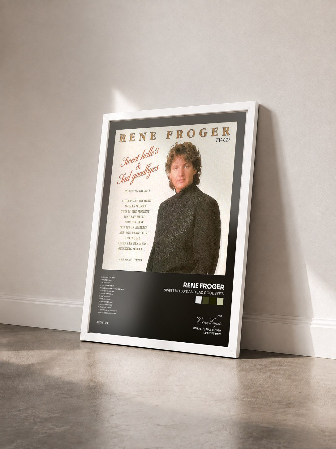 #blanc Tableau de l'album Sweet Hello`s and Sad Goodbye`s de Rene Froger vu de trois quarts, cadre blanc