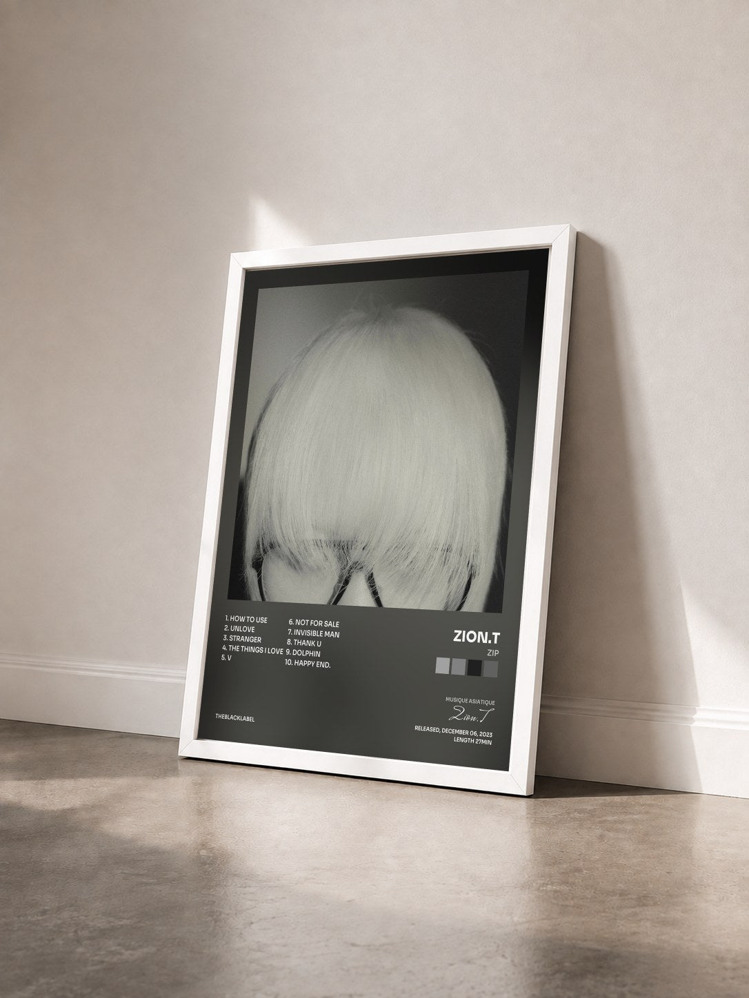 #blanc Tableau de l'album Zip de Zion.T vu de trois quarts, cadre blanc