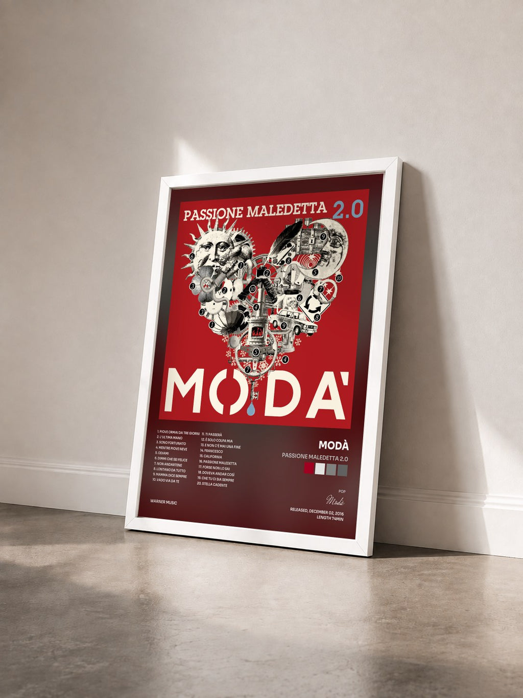 #blanc Passione maledetta 2.0 by Modà as a framed art print seen at an angle, white frame