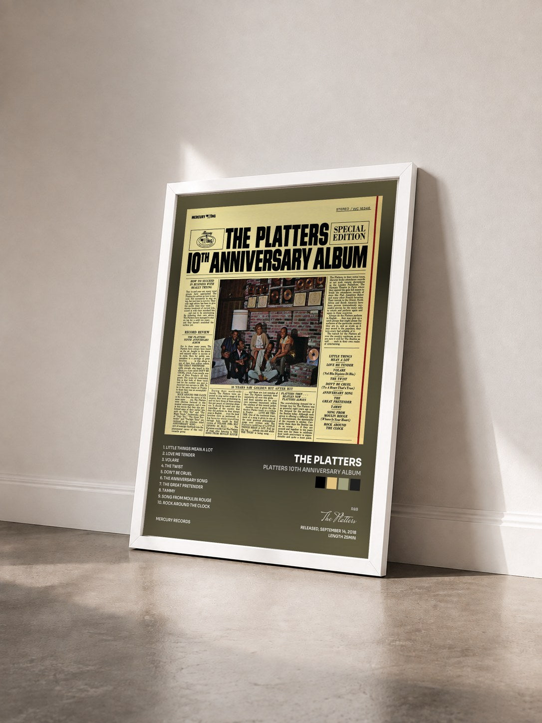 #blanc Tableau de l'album Platters 10th Anniversary Album de The Platters vu de trois quarts, cadre blanc