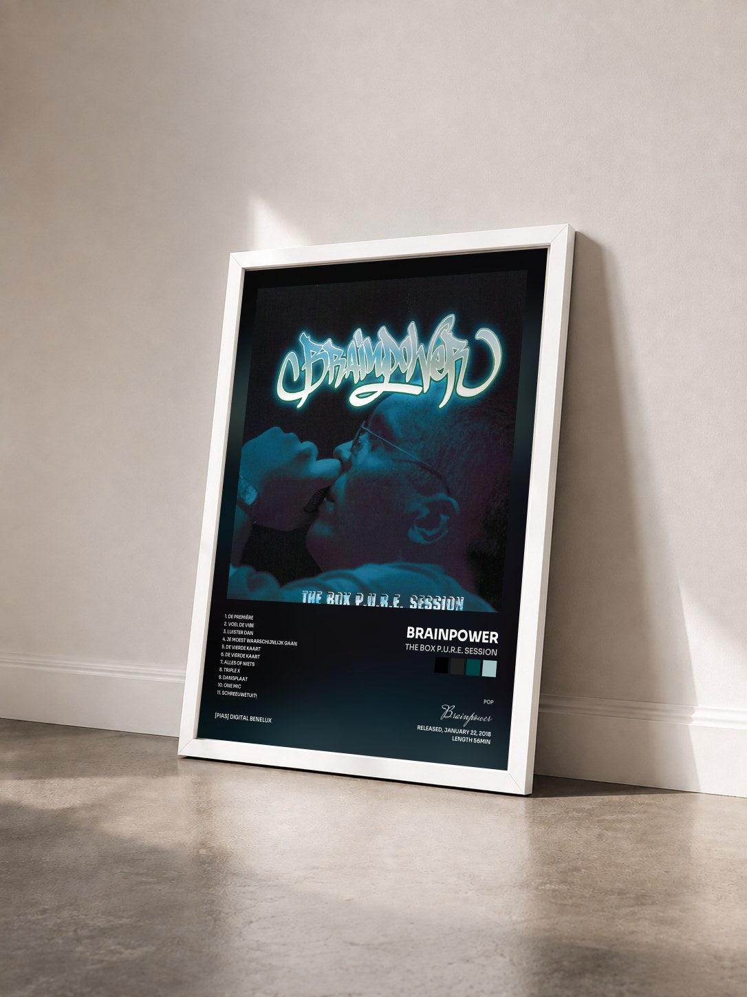 #blanc Tableau de l'album The Box P.U.R.E. Session de Brainpower vu de trois quarts, cadre blanc