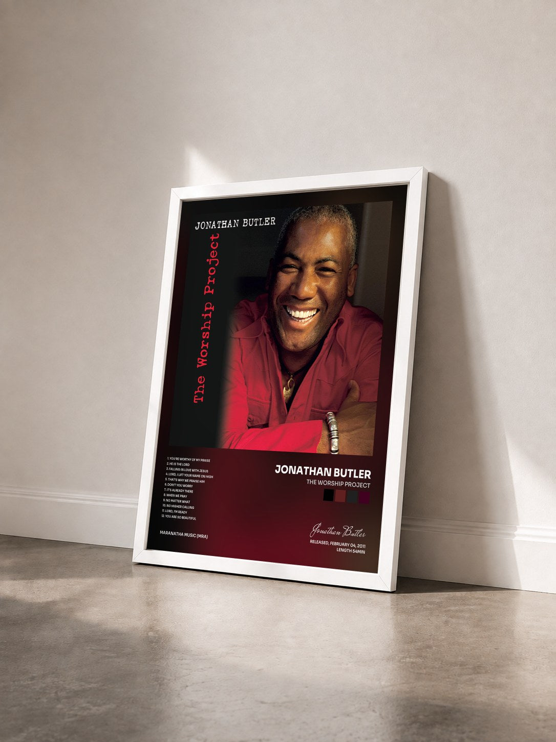 #blanc Tableau de l'album The Worship Project de Jonathan Butler vu de trois quarts, cadre blanc