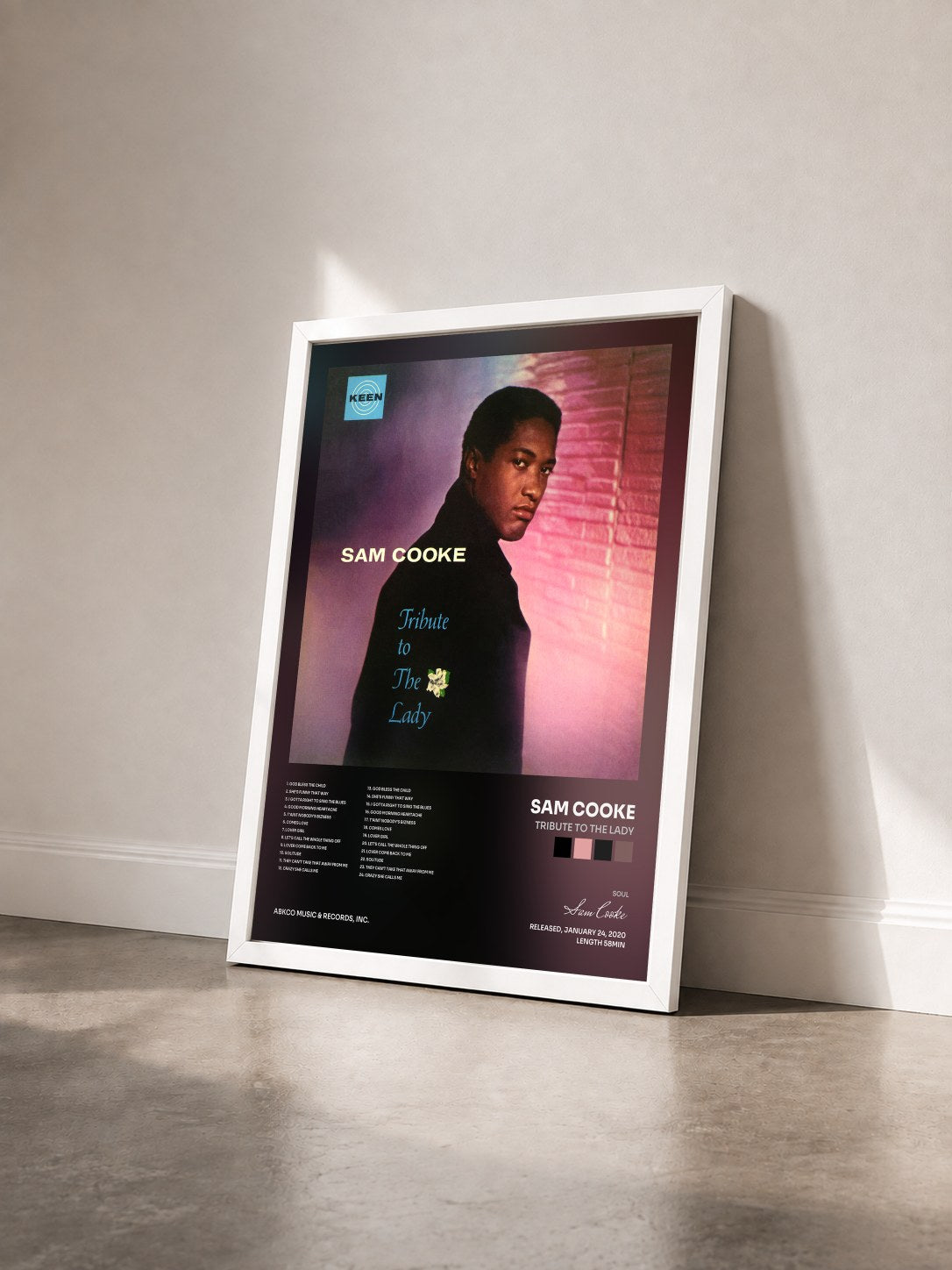 #blanc Tableau de l'album Tribute To The Lady de Sam Cooke vu de trois quarts, cadre blanc