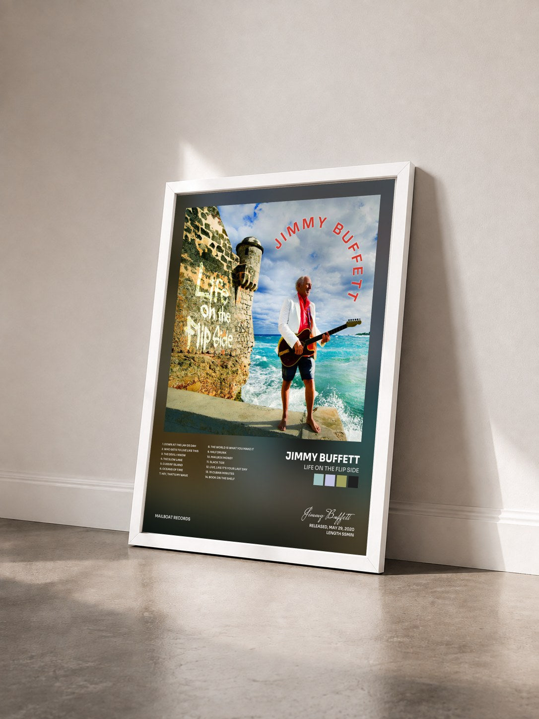 #blanc Tableau de l'album Life On the Flip Side de Jimmy Buffett vu de trois quarts, cadre blanc