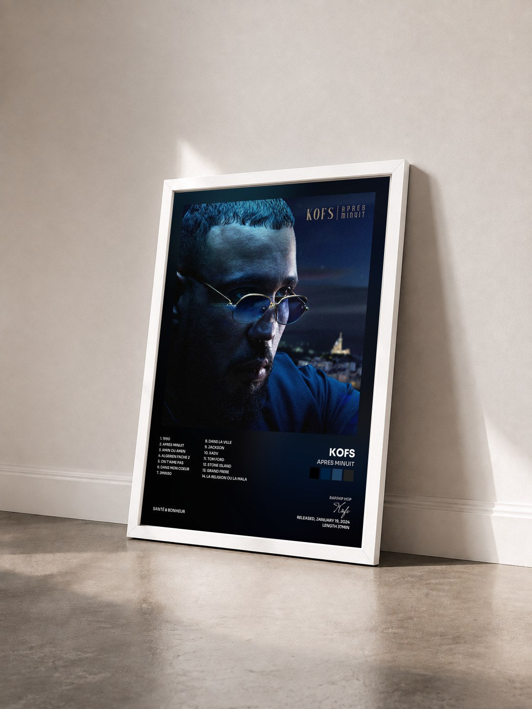 #blanc Tableau de l'album APRES MINUIT de Kofs vu de trois quarts, cadre blanc