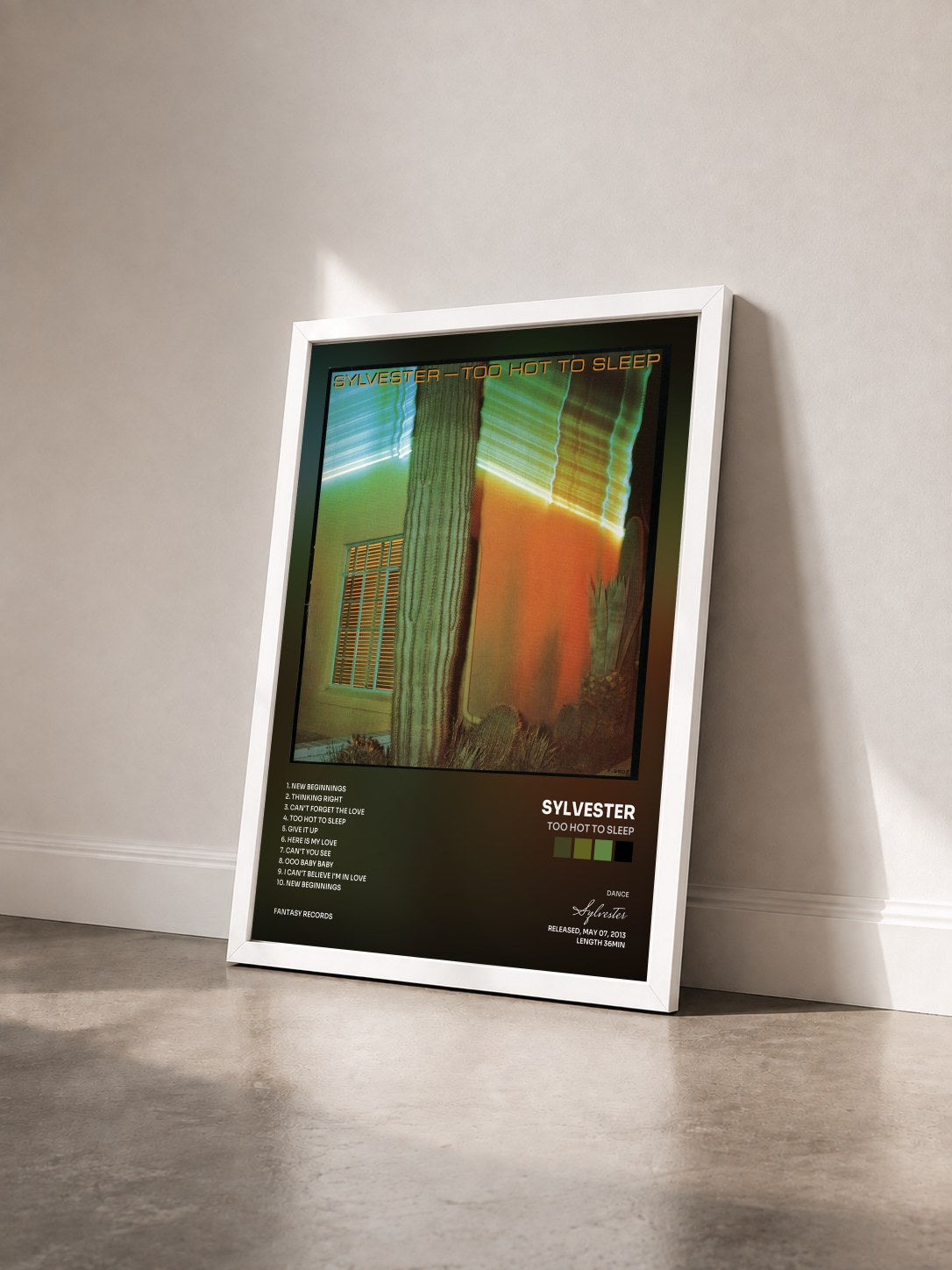 #blanc Tableau de l'album Too Hot To Sleep de Sylvester vu de trois quarts, cadre blanc
