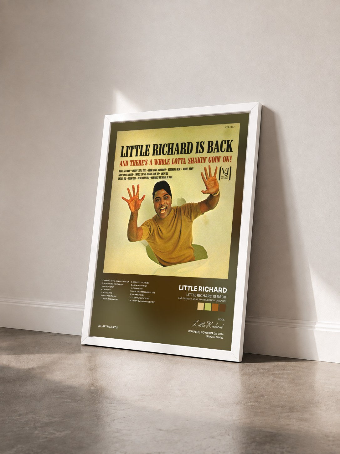 #blanc Tableau de l'album Little Richard Is Back (And There's A Whole Lotta Shakin' Goin' On!) de Little Richard vu de trois quarts, cadre blanc