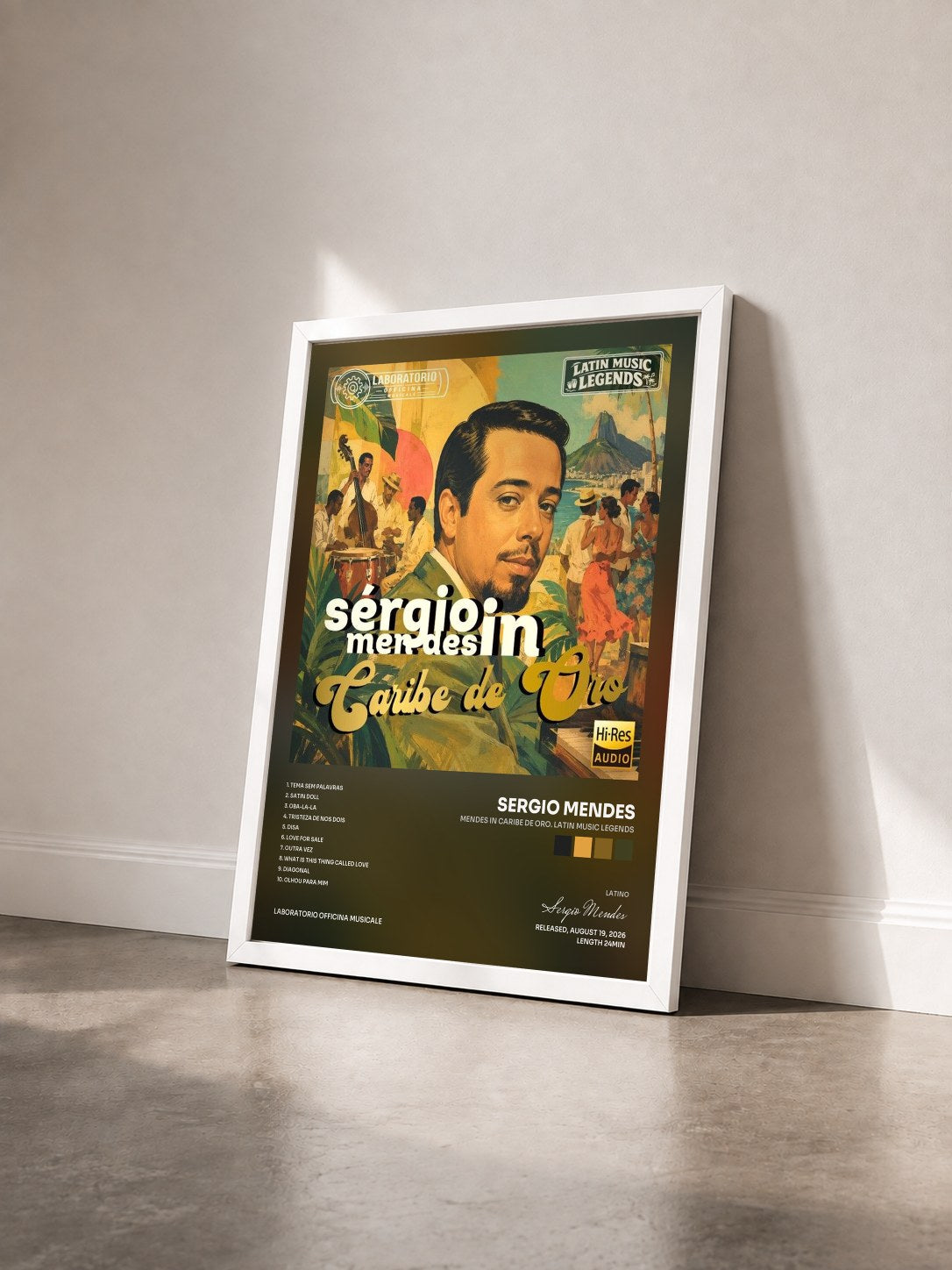 #blanc Tableau de l'album Mendes in Caribe de Oro. Latin Music Legends de Sergio Mendes vu de trois quarts, cadre blanc