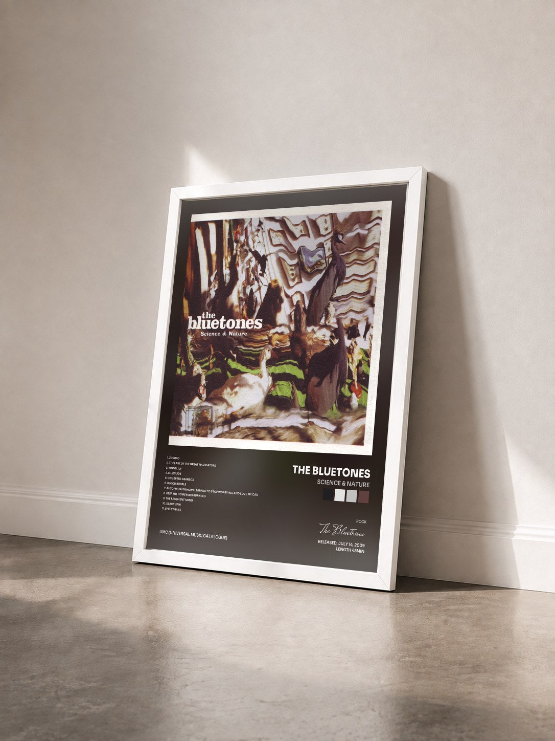 #blanc Tableau de l'album Science & Nature de The Bluetones vu de trois quarts, cadre blanc