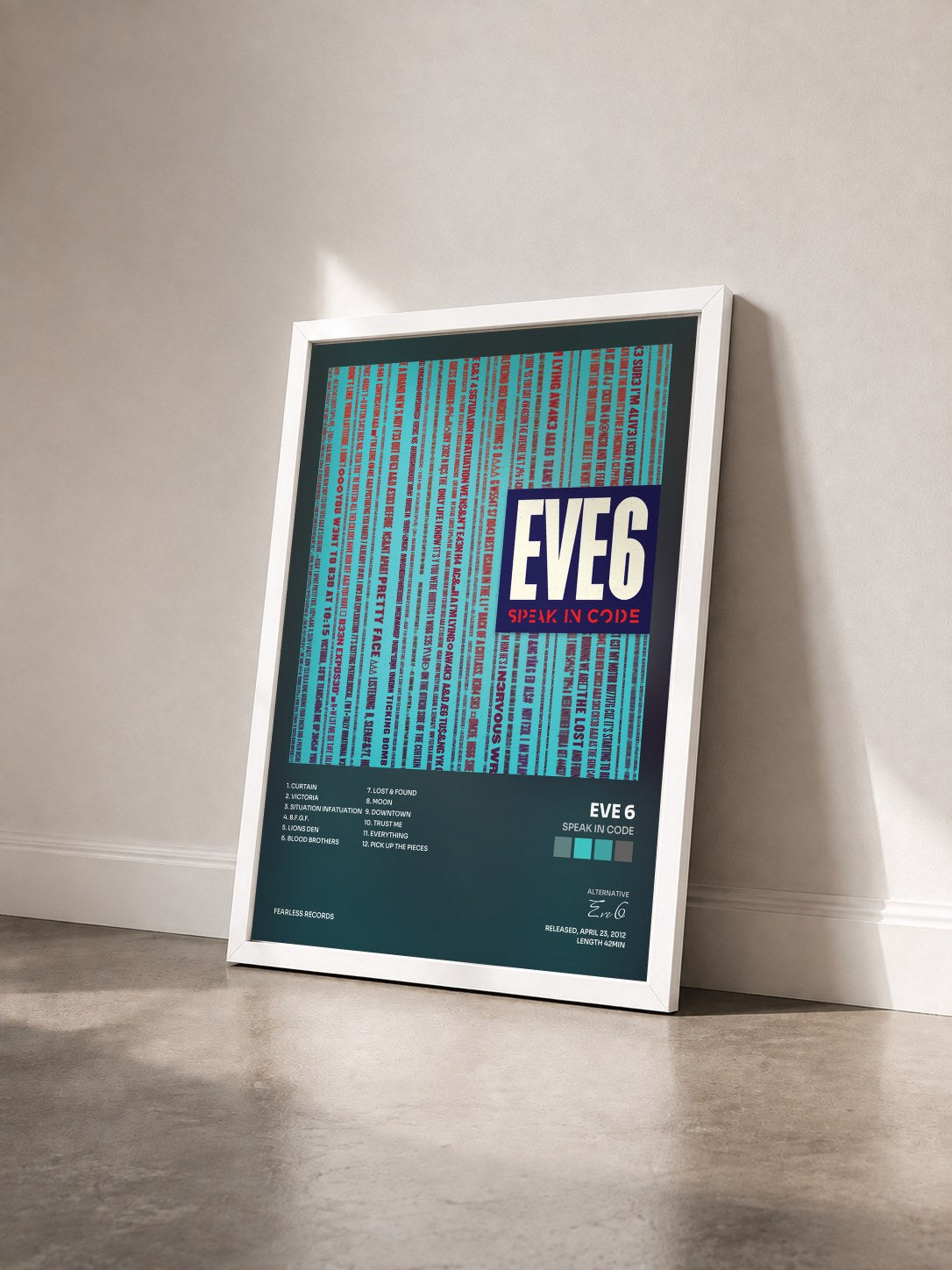 #blanc Tableau de l'album Speak In Code de Eve 6 vu de trois quarts, cadre blanc