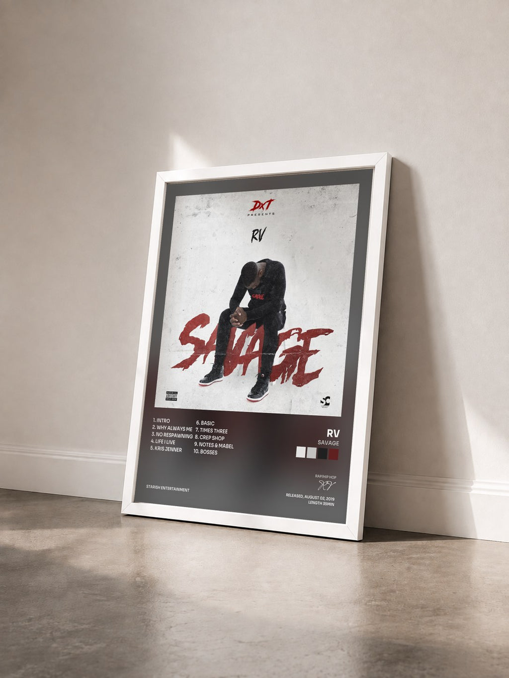 #blanc Tableau de l'album Savage de RV vu de trois quarts, cadre blanc
